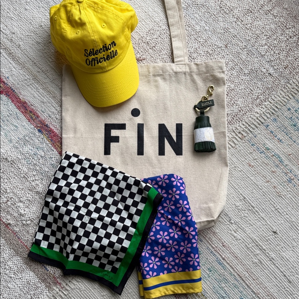 Clare V Checkered and Floral Scarves Set, bag, hat and tassel key chain
